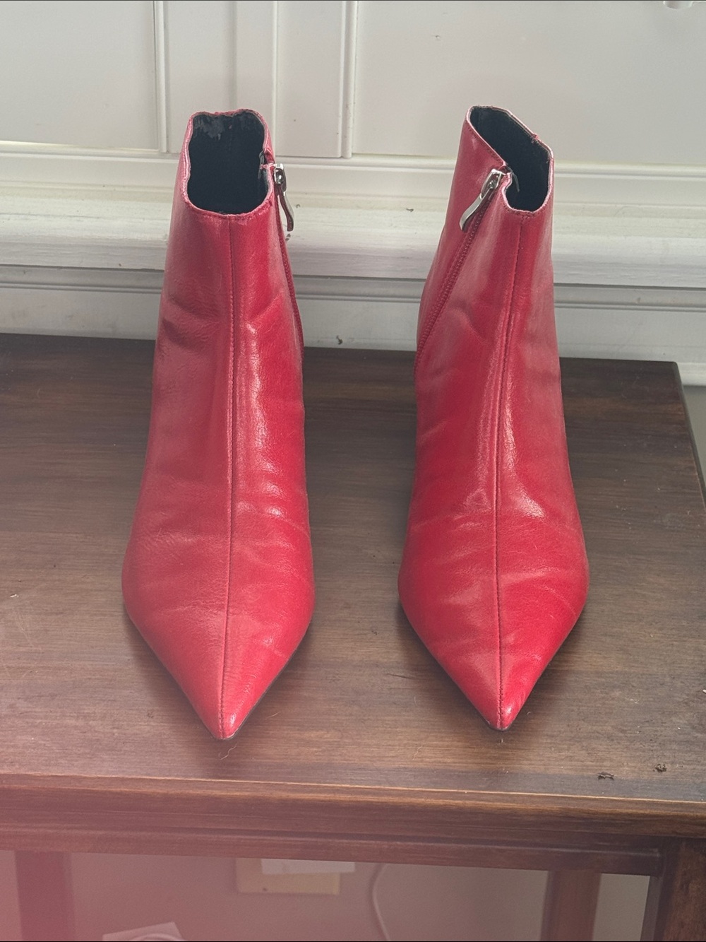 Zara Red Pointed-Toe Leather Ankle Booties